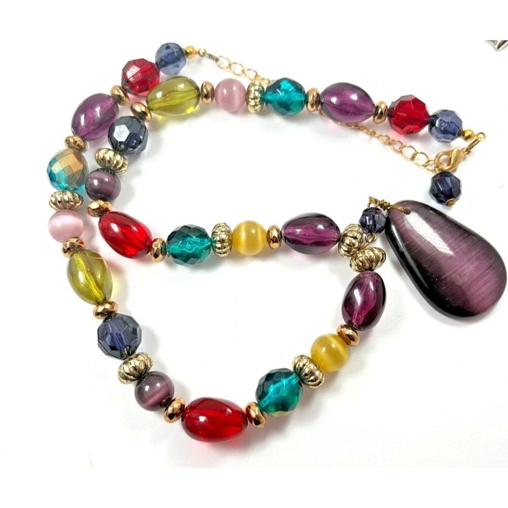 Vintage Estate Multi Color Beaded Drop Pendant Necklace Boho Chic Statement